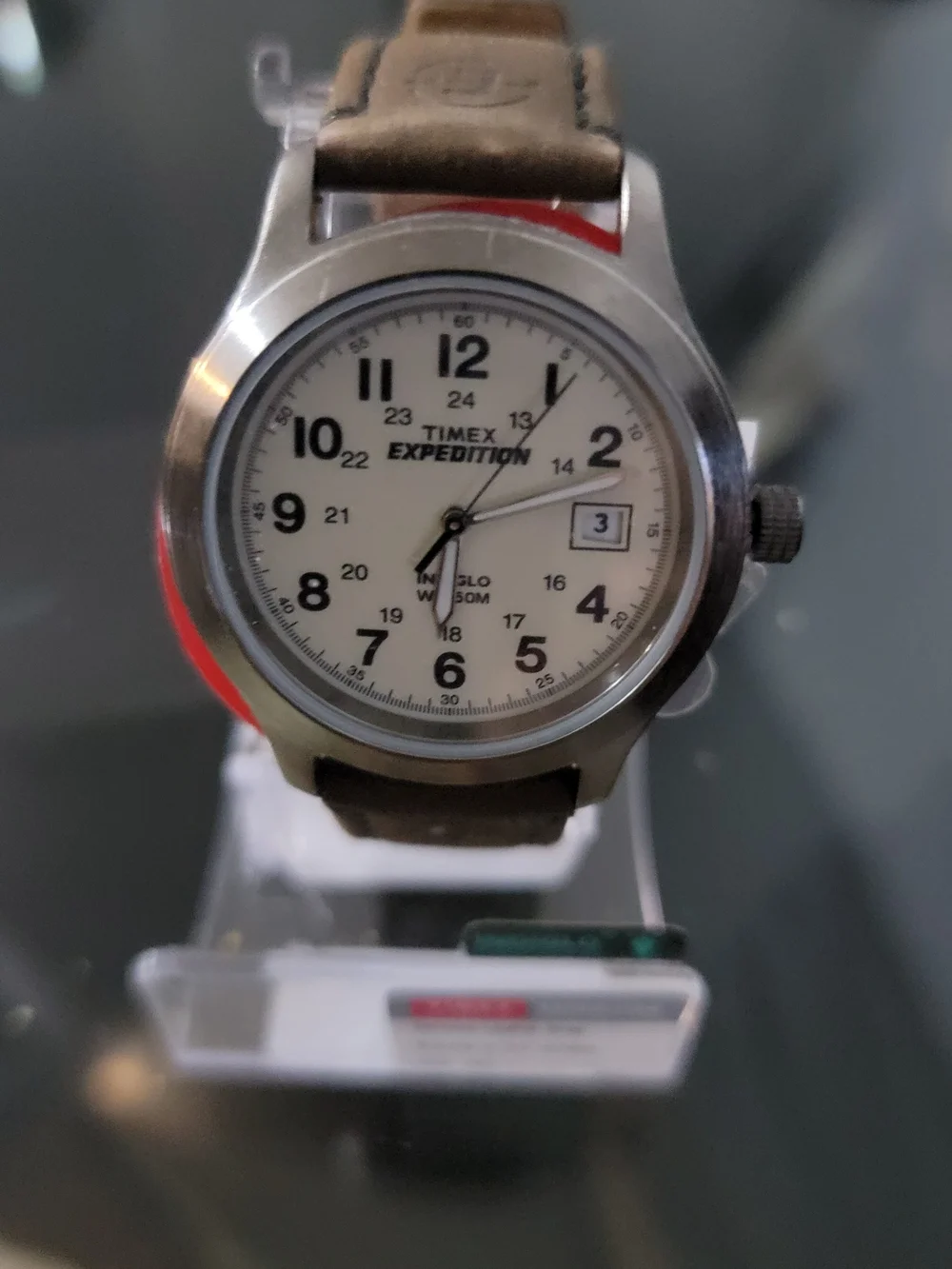 Timex Men's Brown Leather Strap Watch with White Dial.